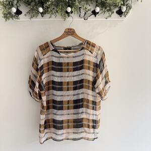 malene birger Brown Plaid Silk Blouse Lined 32 Z9063 designer quiet luxury